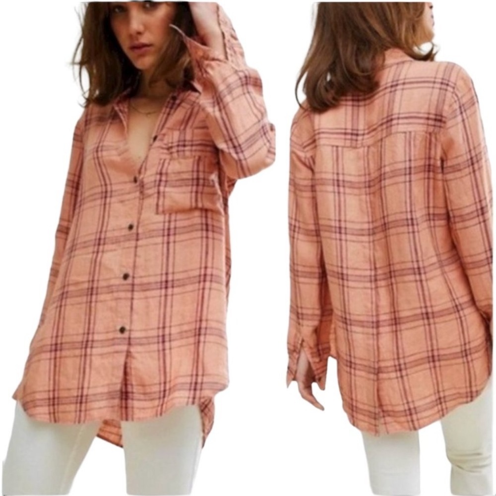 Women’s Free People No Limits Linen Plaid Button Up Long Sleeve Shirt Coral Sz S